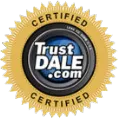 Gold gear that reads "certified" at the top and bottom with a camera lens in the center behind "TrustDALE.com" in bold white letters