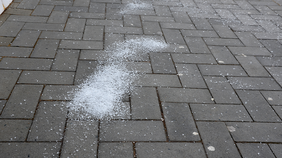 Salt scattered on a path made of pavers