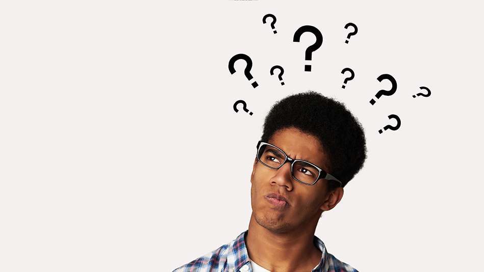 A Black man with glasses makes a puzzled expression with 10 black question marks of different sizes over his head