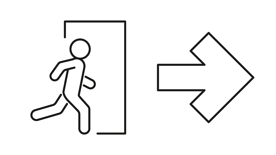 A stick figure exits through a door