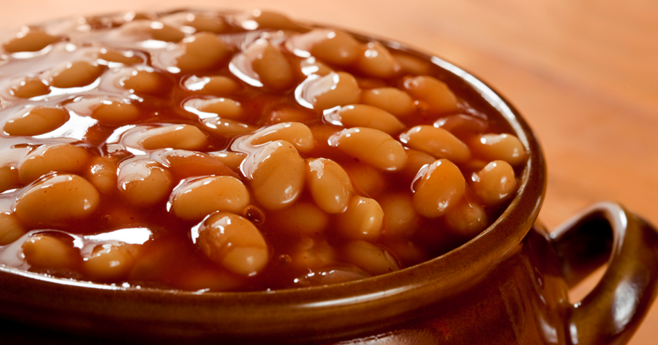 Baked beans in a brown jar