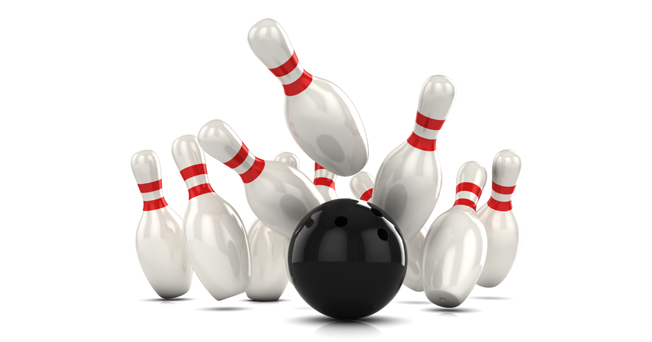 Bowling pins getting knocked out by a black bowling ball
