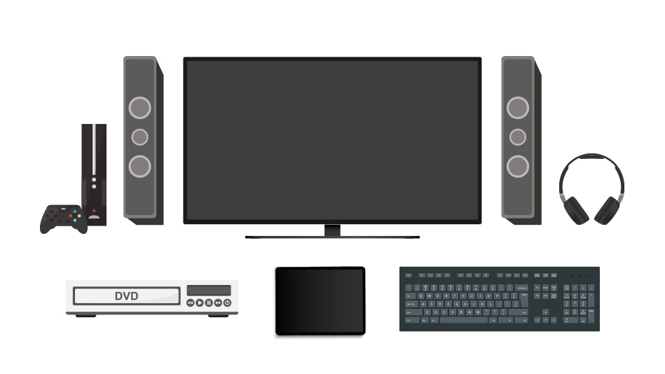 Various home entertainment devices, like a TV, a gaming system, and a DVD player