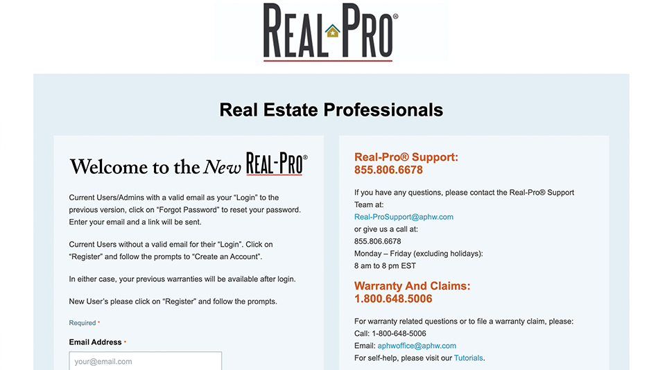 Screenshot of the Real-Pro welcome page