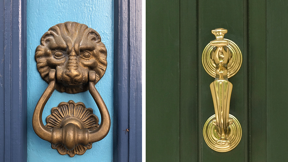 Left side: bronze lion and flower door knocker on a light blue and navy door; right side: gold door knocker on an olive green door 