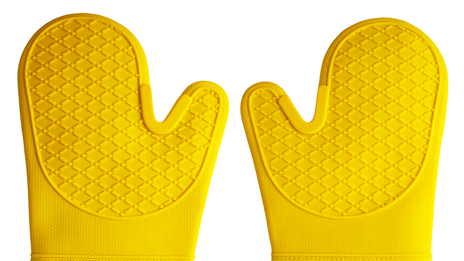A yellow pair of silicone oven mitts