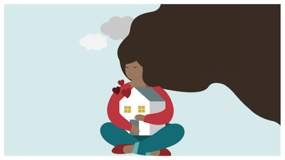 A black woman hugs a house while her hair floats around her, showing peace of mind