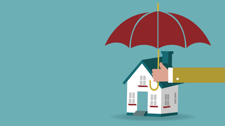 Someone holds a red umbrella over a house