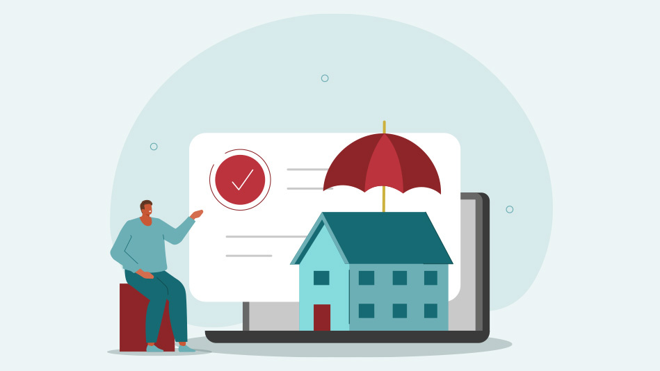 A man gestures toward a home covered by a home warranty umbrella