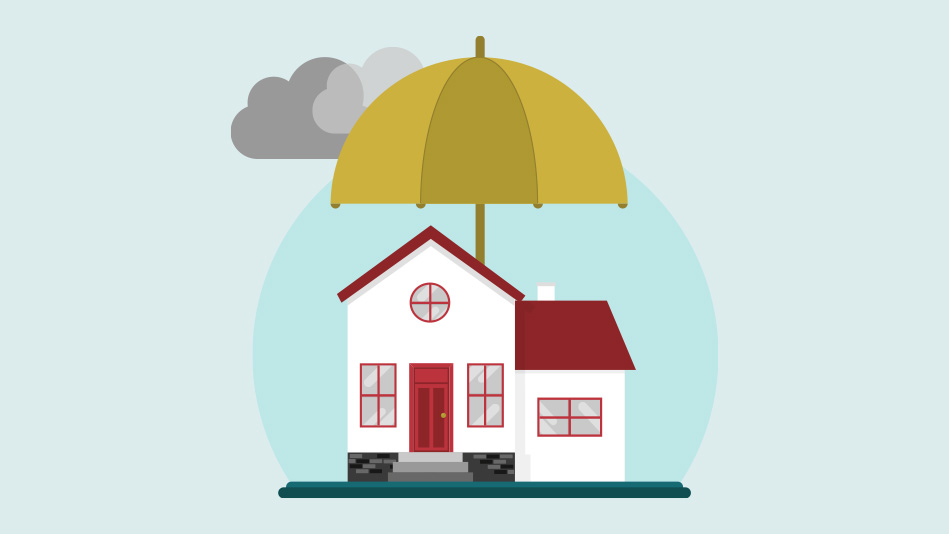 A yellow umbrella protects a home from a raincloud 