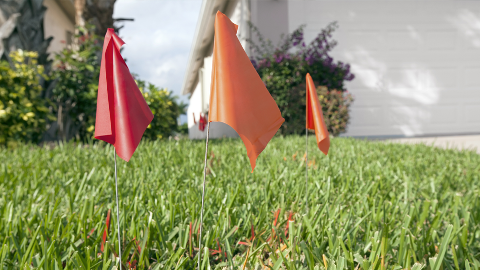 Orange flags mark spots to avoid in a yard