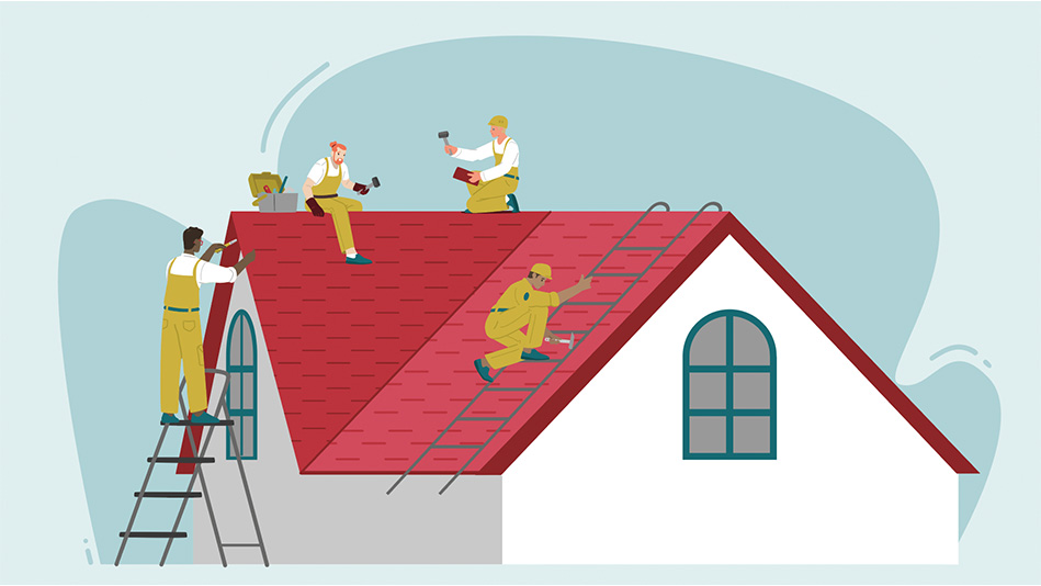Multiple workers inspect a roof