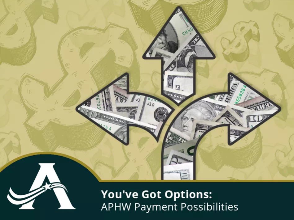 An arrow with images of American dollars in its center curving to the right with two more arrow heads coming out of its curve in front of muted green dollar signs of various sizes