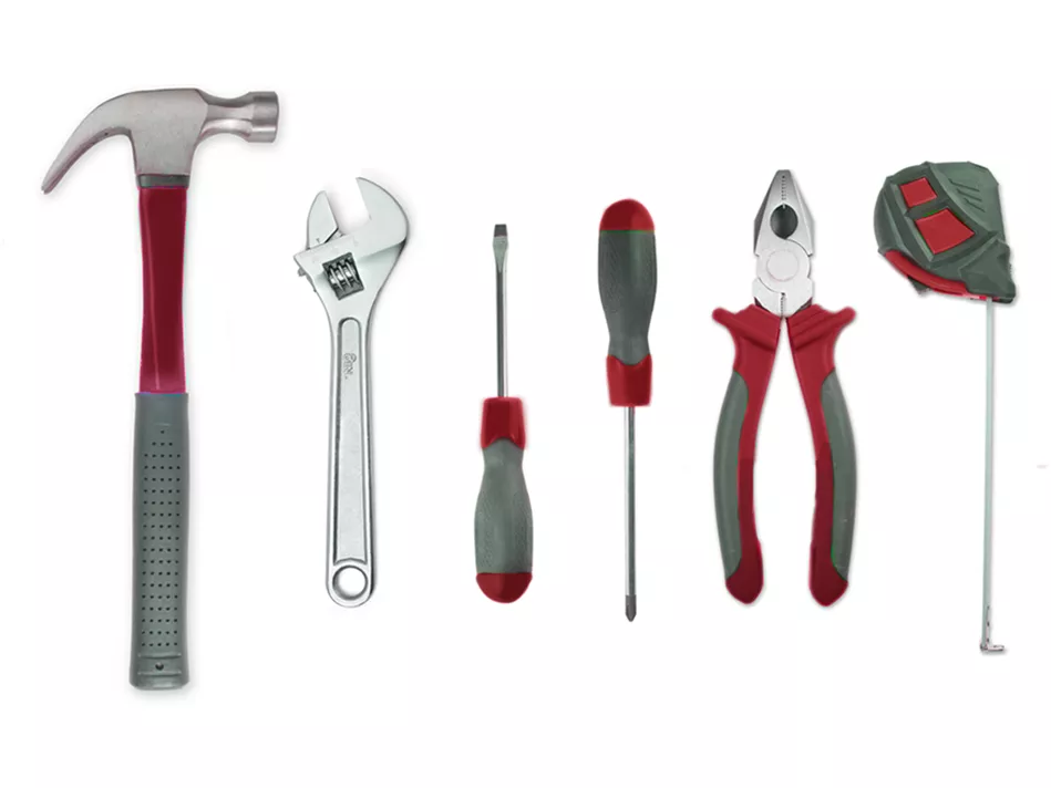 7 red, gray, and metal tools in a horizontal line on a white background