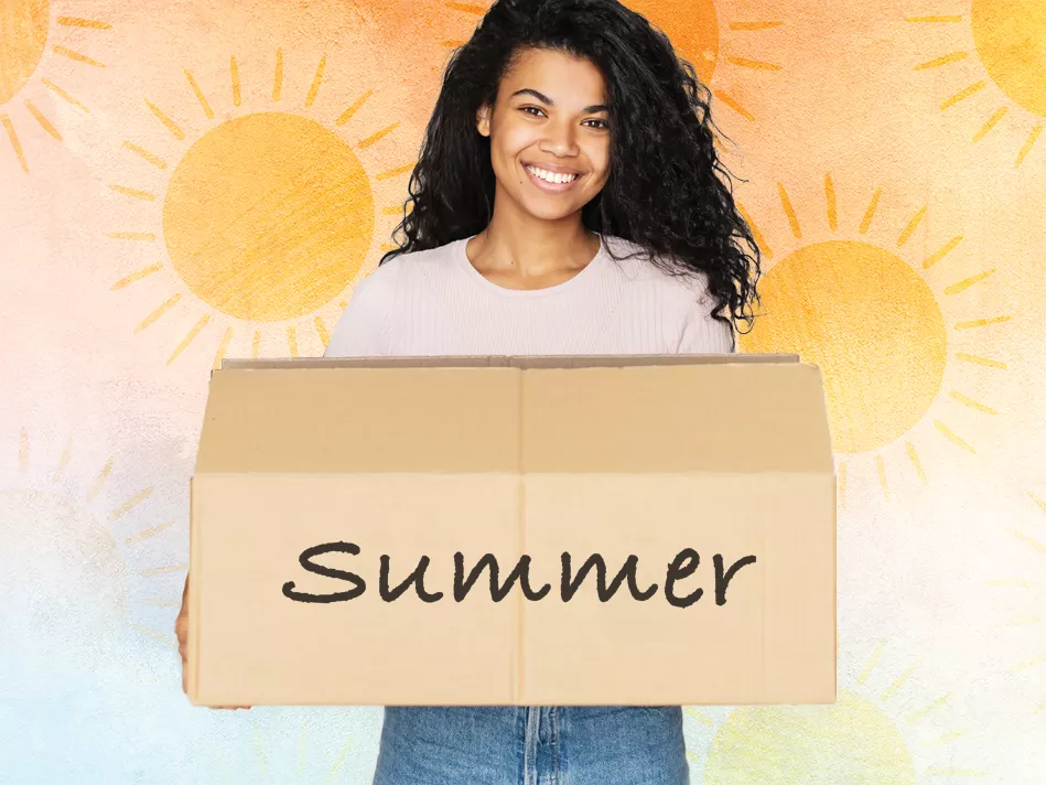 Black woman carrying a large box labeled "Summer" in black writing with yellow suns in the background