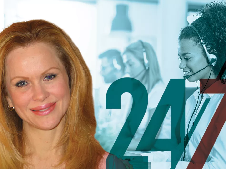 Theresa Judd in front of a green background of a Black woman, a white woman, and a man at a call center, with a teal and burgundy "24/7" in front of the people at the call center