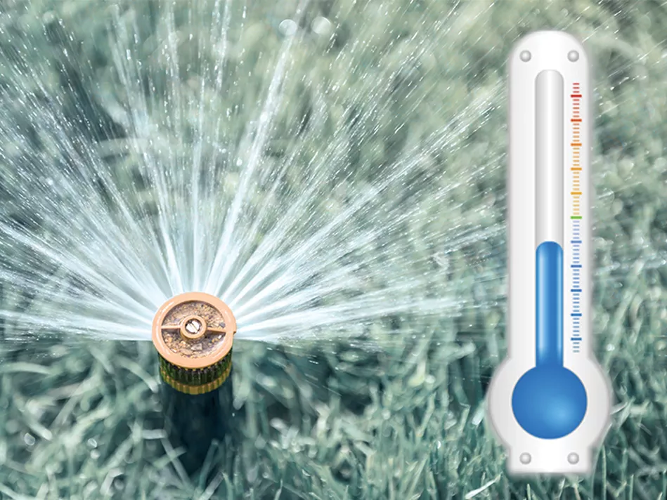 Black pop-up sprinkler head sprays green grass to the left of a half-full thermometer with blue mercury