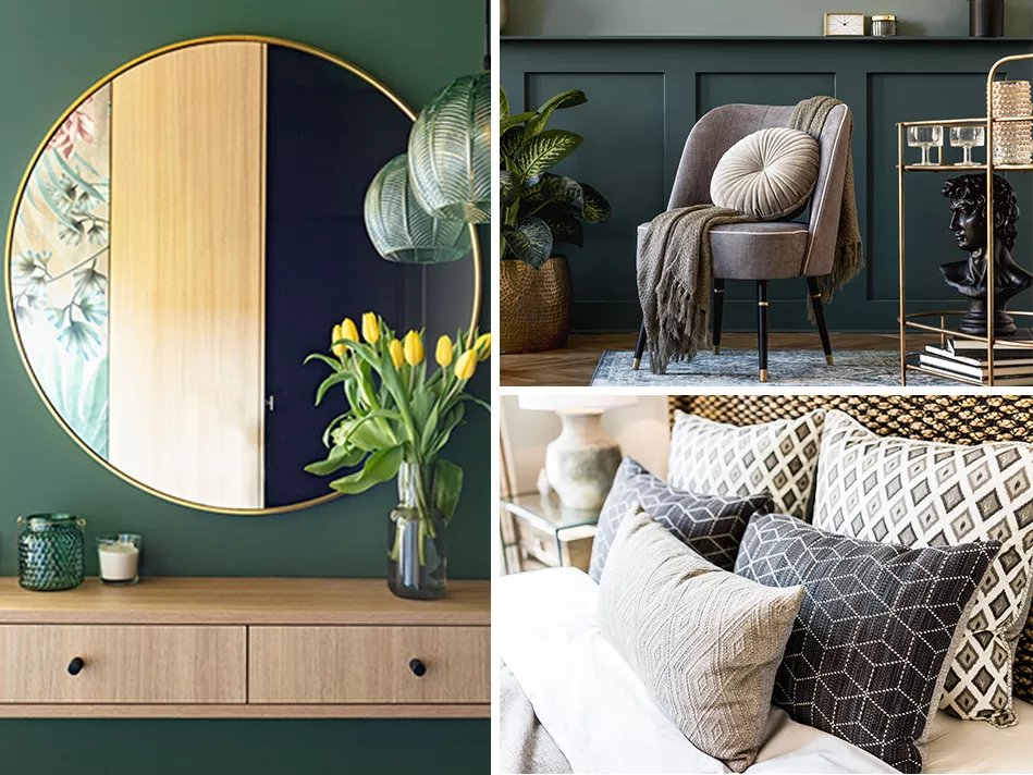 A vertical panel takes up the left half of the image; it is a gold-trimmed round mirror reflecting three vertical textured wall panels as it rests above a tan wooden buffet with green and white candles resting on its left side and yellow and green flowers resting on its right; the right half of the image is horizontally bisected; top right panel: gray round throw pillow and blanket on a gray chair, flanked by a houseplant and a bar cart, bottom right panel: 5 neutral throw pillows on a neutral-colored bed  