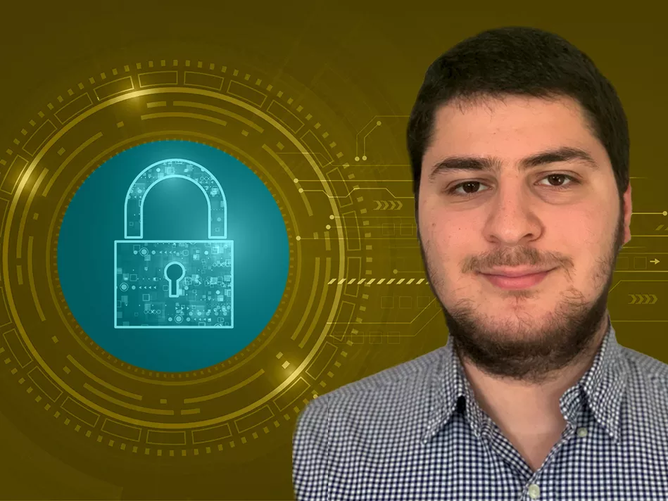APHW Employee Mark Yandarov's head and shoulders are on the right side of the image, and he is wearing a blue gingham shirt; on the left side of the image is a teal padlock in a teal circle in the middle of a brownish-gold circular cyber design