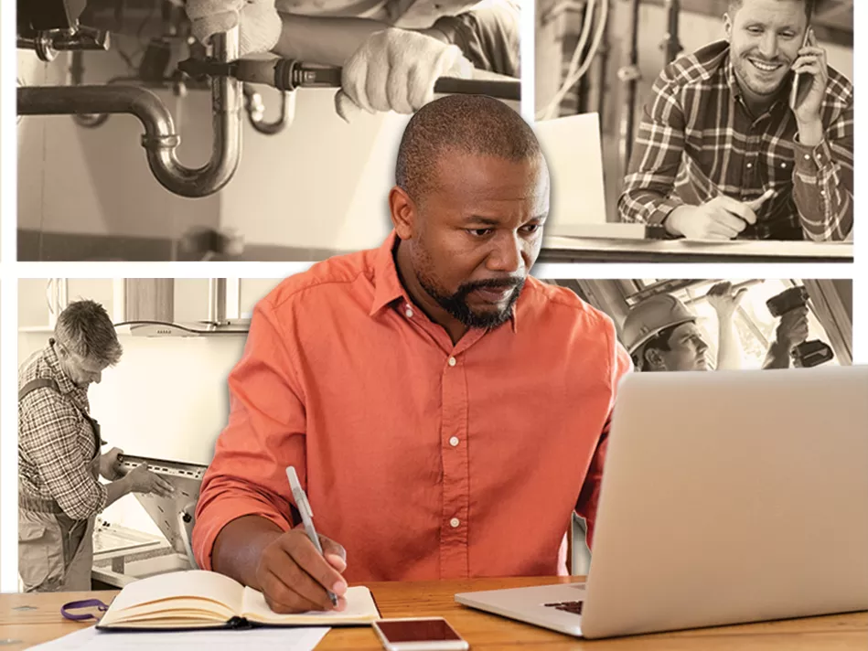 A Black man in an orange button-down shirt writes in a journal while staring at a computer; the background is a sepia collage of home repair vignettes