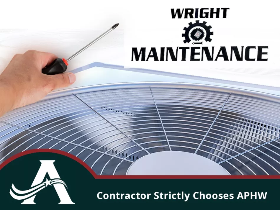 Hand holding a screwdriver hovers over the fan of an air conditioner with the Wright Maintenance logo in the top right