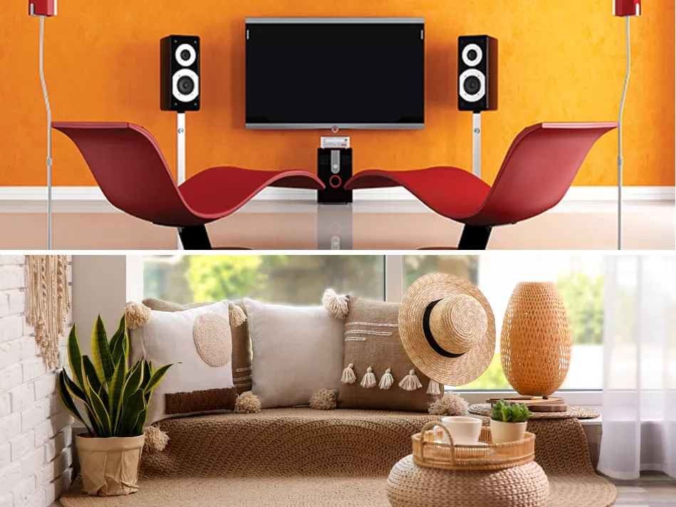 A top-and-bottom split picture; Top: two groovy red chairs sit in front of a flat screen TV flanked by speakers in front of a bright orange wall; Bottom: A beachy tan and white meditation space is set up next to a large window 