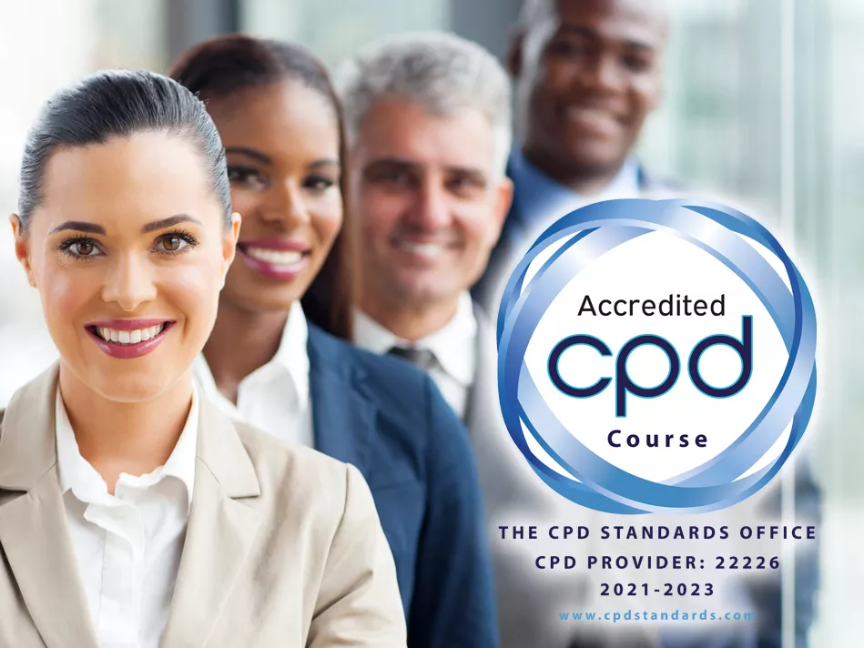 A diverse group of business professionals smiles with the CPD Accredit Course logo