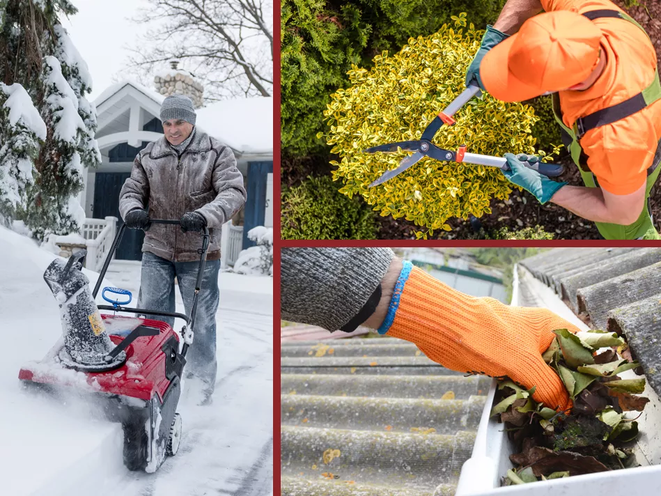 3 split screens showing gutter cleaning, snow blowing, and hedge trimming