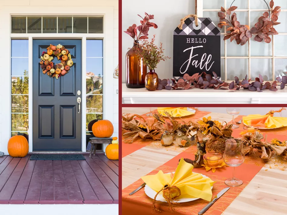 A collage of 3 images: Left side–A front porch with a green front door and dark wood flooring is decorated with a fall wreath and various pumpkins; Top Right–burgundy leaves, a glass bottle, and a black and black-and-white buffalo plaid sign reads, "Hello Fall"; Bottom Right–a light wooden table is set for a formal meal with yellow, orange, and fall decor, including a foliage table runner and small figurines 