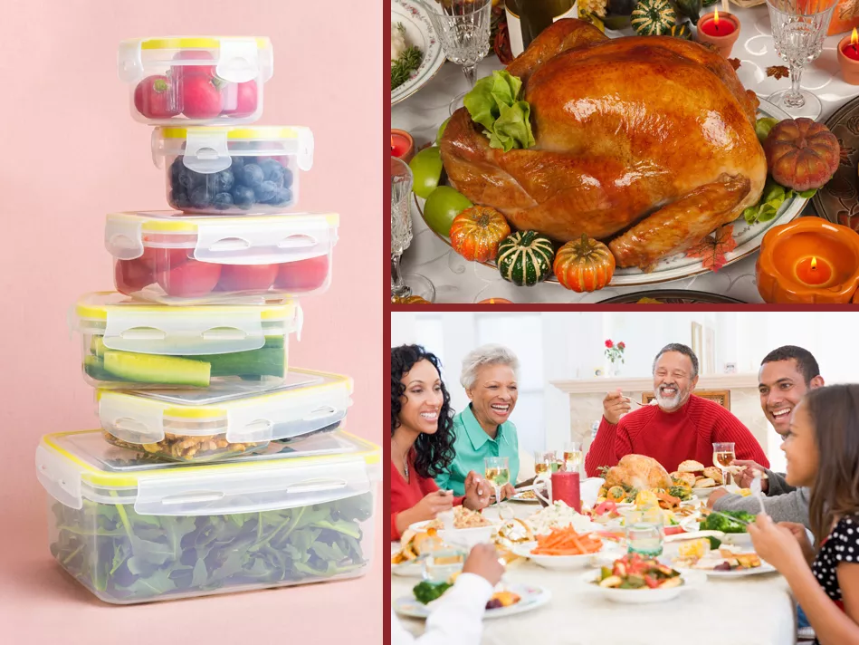 A collage of three images; left column: stacked clear containers full of food; top right: a cooked turkey garnished with mini pumpkins; bottom right: a Blended family enjoys a Thanksgiving meal around the table