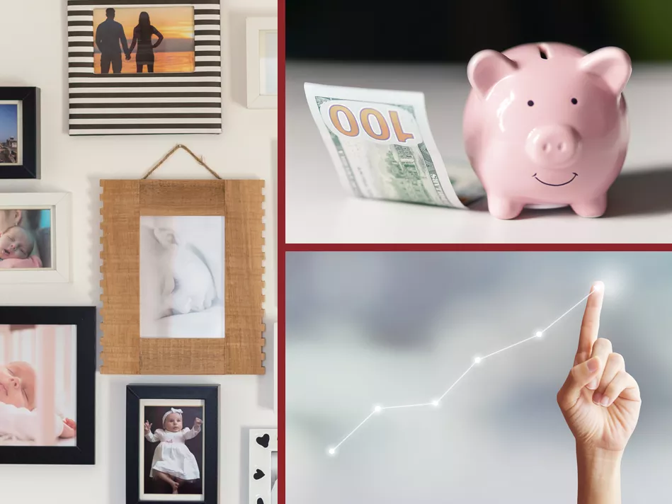 Left side of collage: a gallery wall; right top section: a $100 bill next to a pink piggy bank; right bottom section: a left hand draws a white line graph in the air