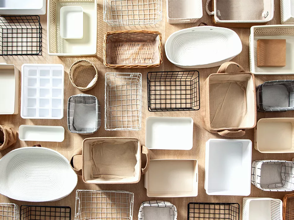 An assortment of lidless storage baskets