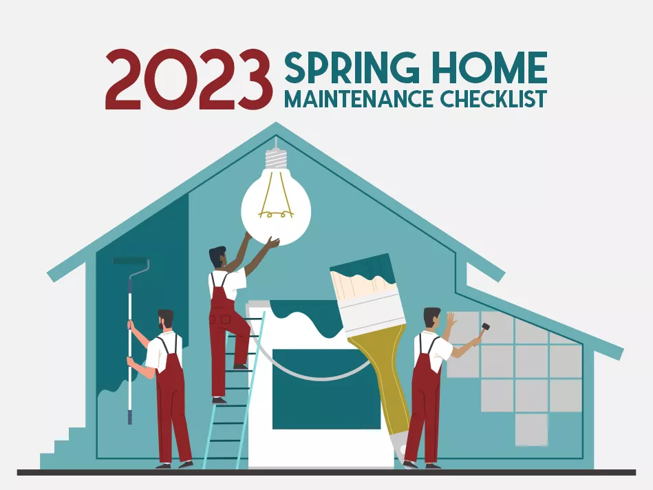A variety of people work around a house doing spring home maintenance