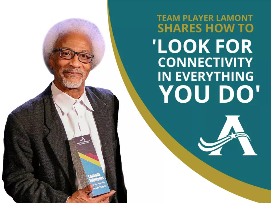 LaMont poses with his Team Player Award next to "Team Player LaMont shares how to ‘look for connectivity in everything you do’" in gold and white text on a green half-moon background