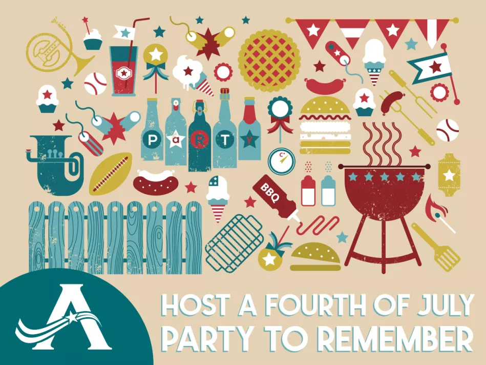 Barbecue party items in APHW colors lay over a tan background; at the bottom is a white "flying A" over a teal semicircle next to "Host a Fourth of July Party to Remember" in white, all caps block lettering