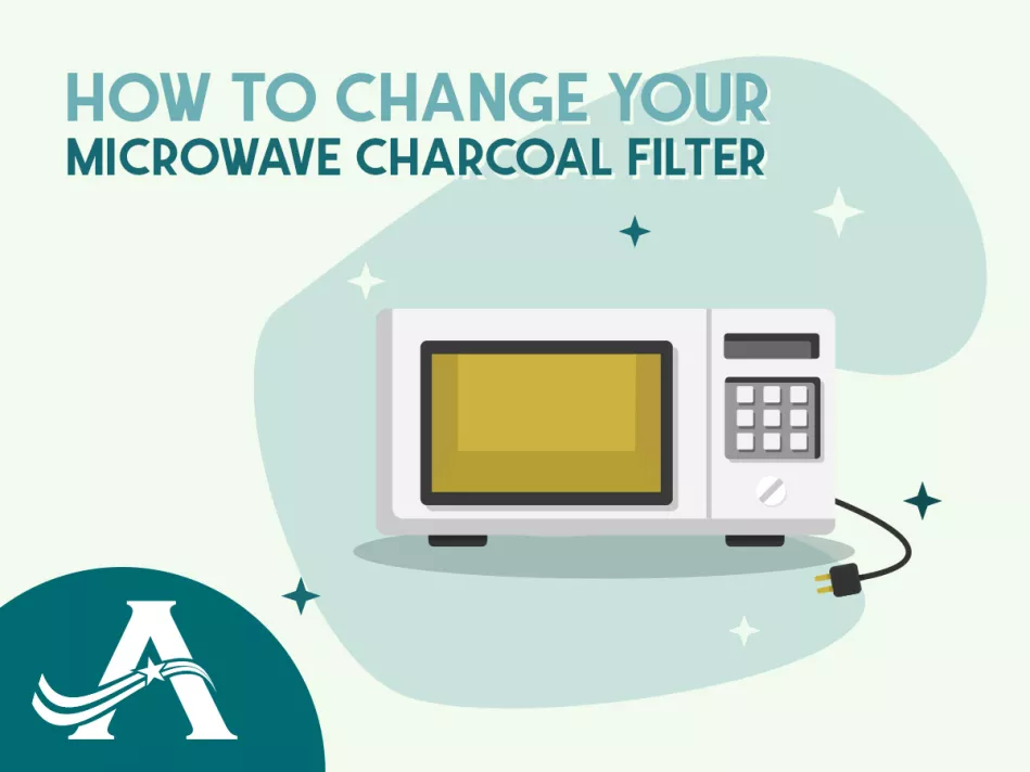 Light gray microwave with a gold screen in front of a light green background that says "How to change your microwave charcoal filter" in turquoise and teal lettering