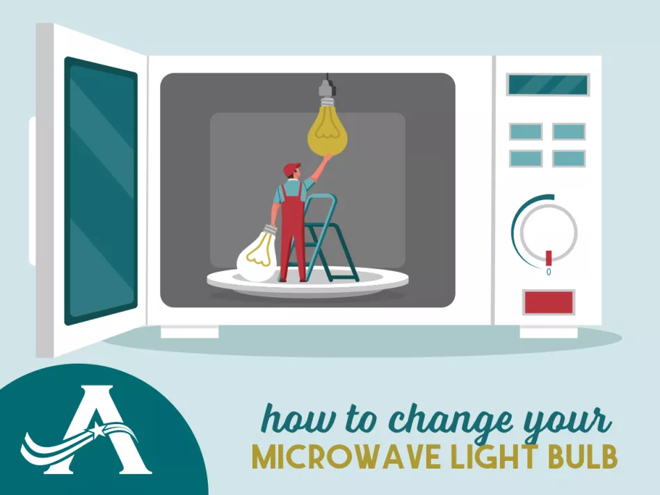 A miniature handyman changes a light bulb hanging down into the center of a microwave's cooking cavity