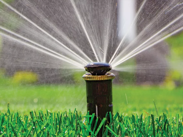 Water sprays in all directions over lush green grass from a lawn sprinkler 