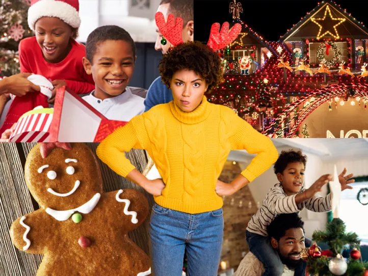 Black woman in a golden sweater, jeans, and a red antler headband stands in front of 4 squares; clockwise from top left: 2 Black children opening presents, a home's exterior fully decorated with Christmas lights, a Black dad carrying his son on his shoulders to put a star on the Christmas tree, and a close-up of a decorated gingerbread person