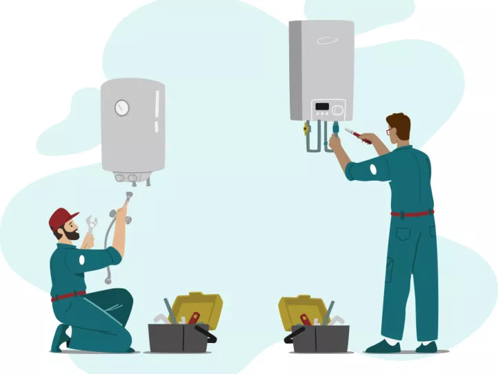 Drawing depicting two technicians assessing home systems