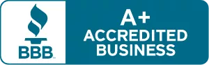 Better Business Bureau A+ Accredited Business logo-a rectangle with curved edges; the left third shows a 2-flame teal torch above a teal "BBB" on a white background; the right two thirds reads "A+ ACCREDITED BUSINESS" in white with each word stacked on the next on a teal background 