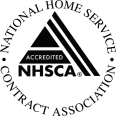 National Home Service Contract Association logo-A black fragmented pyramid with a black "NHSCA" at the base under "ACCREDITED" in a bar of the pyramid in white letters with "National Home Service Contract Association" around it in a circle